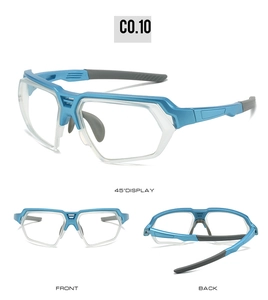 Three-angle display of blue cycling glasses with anti-slip pads and transparent frame