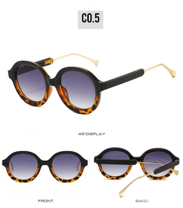 Three-angle view of vintage oval sunglasses with tortoiseshell frames and gradient lenses