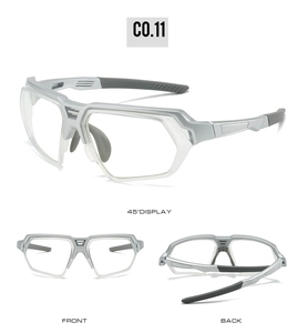 Detail view of silver sports eyewear frames with non-slip gray rubber pads and clear lenses