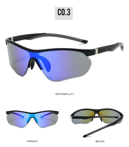 Detail view of blue polarized outdoor sports sunglasses with matte black frames and gray grips