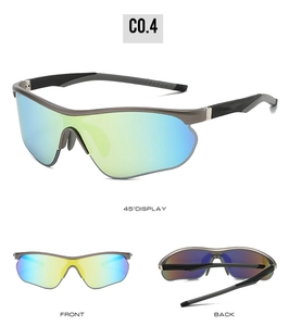 Three-way view of polarized sports sunglasses with colorful lenses and matte frame