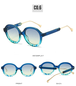 Detailed views of oval blue gradient sunglasses with thin gold metal temples in multi-angle