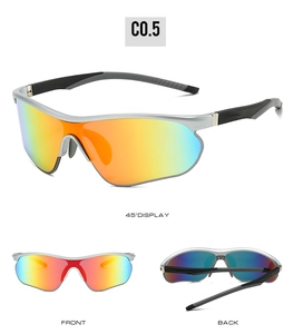 Multi-angle view of silver sports cycling sunglasses with red-green gradient lenses