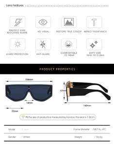 Detailed size chart for oversized shield sunglasses with UV400 and metal frame specs