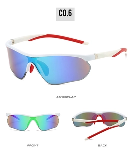 Multiple views of white outdoor cycling sunglasses with polarized blue-green lenses