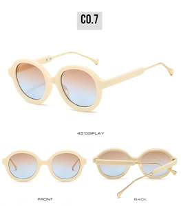 Three perspectives of oval sunglasses with cream frames and blue-brown gradient lenses