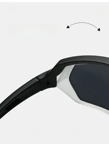 Macro shot of durable textured hinge design on matte black cycling sunglasses frame