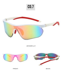 Outdoor cycling sunglasses showing 45-degree, front, and back views in white and red