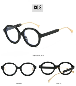 Three-way view of retro oval sunglasses with black frames and gold metal temples