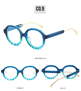 Multiple views of gradient blue-green oval sunglasses with slim gold metal temples