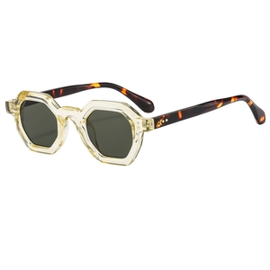 Octagonal champagne sunglasses with green lenses and tortoiseshell temples for fashion