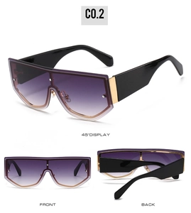 Detailed views of oversized rimless sunglasses with purple gradient lenses and gold accents