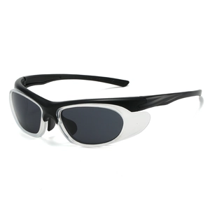 Y2K sporty wraparound sunglasses with black frames and clear side shields on white background