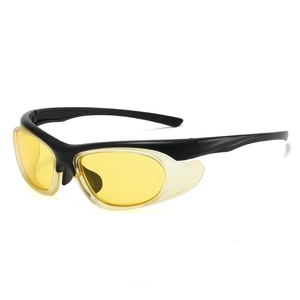 Y2K sporty black semi-rimless sunglasses with yellow lenses and clear side shields