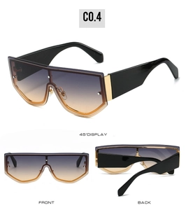 Detailed views showing oversized wrap-around sunglasses with wide temples and gold metal accents