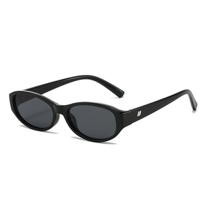 Retro small oval black frame sunglasses with gray lenses and metal decorative accents