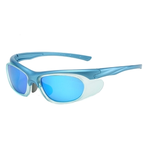 Y2K aerodynamic sports sunglasses in bright blue finish with mirrored lenses and side shields