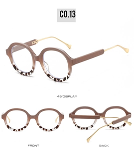 Detailed views of round tortoiseshell and beige frames with thin gold metal temples