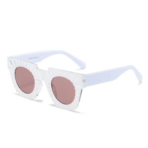 Modern square sunglasses with hollow brow design, clear frames and pink tinted lenses