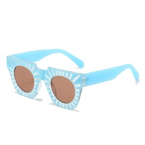 Modern light blue square frame sunglasses with unique white radiating stripe patterns
