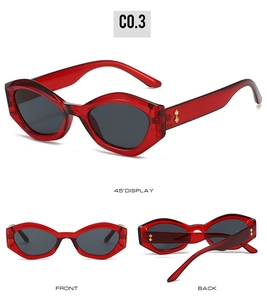 Trois vues de lunettes de soleil œil-de-chat rouges avec branches serties de diamants