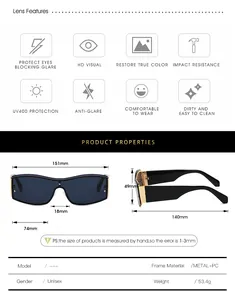 Size guide for unisex oversized hip-hop sunglasses with UV400 protection and metal frame