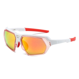 Outdoor sports cycling sunglasses with white-red frame and orange mirrored lenses