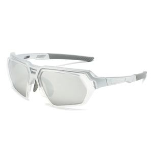 Silver cycling sports sunglasses with polarized lenses and streamlined frame for outdoors