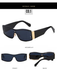 Detailed views of oversized shield sunglasses with sleek black frame and gold metal accents