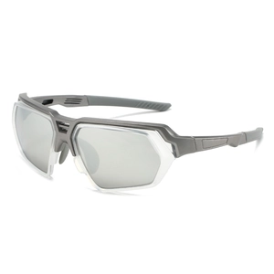 Sporty cycling sunglasses with matte grey frame and silver reflective lenses for outdoor use