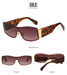 Detailed multi-angle views of tortoiseshell shield sunglasses with gold metal accents