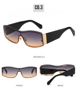 Three-angle display of one-piece purple gradient sunglasses with gold metal accents
