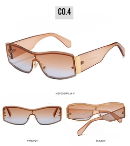 Three-way view of hip-hop sunglasses with brown gradient lenses and gold metal joints