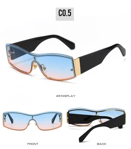 Three-way view of oversized wrap-around hip hop sunglasses with sunset gradient lenses