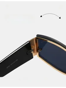 Macro detail of high-quality metal hinges and frame specifications on square sunglasses