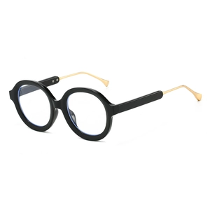 Retro round frame eyeglasses with black rims, gold metal temples and blue light lenses