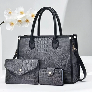 3-piece set with gray crocodile-pattern tote bag, clutch and card holder for women