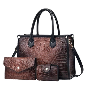 Brown crocodile texture 3-piece set with tote, envelope bag and small wallet for women