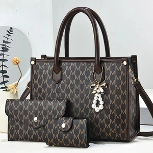 Women Tote Bag Wallet Card Holder PU Leather Monogram Print Large Capacity Artificial Pearl Bow Charm Shoulder Bag Elegant