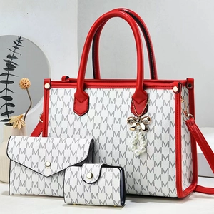 Three-piece red and grey handbag set with M letter print and pearl bow pendant