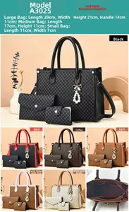 Three-piece tote bag set with grid pattern including dimensions for A3025 model