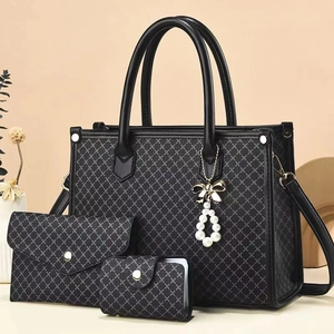 Women PU Leather Tote Bag Clutch And Card Holder Geometric Print Artificial Pearl Bow Charm Versatile Fashion Daily Shoulder Bag