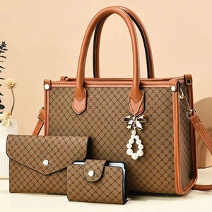 Three-piece brown tote bag set with geometric patterns and a pearl bow pendant