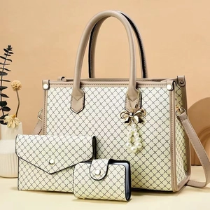 Detailed set of tote bag, wallet and card holder with geometric pattern and pearl bow charm