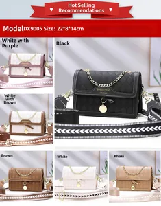 Detail showing women's crossbody bag with quilted pattern, metal chain, and wide fabric strap