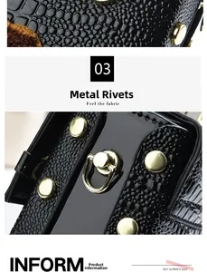 Detail of high-quality golden metal rivets and glossy crocodile texture on black crossbody bag