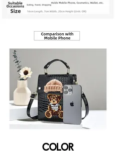Detailed size chart of black crocodile pattern crossbody bag with bear embroidery