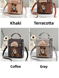 Detail of four colorful crossbody bags with crocodile texture and cute plush bear decor