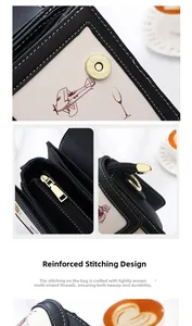 Detail of golden hardware and precision stitching on graffiti printed crossbody bag