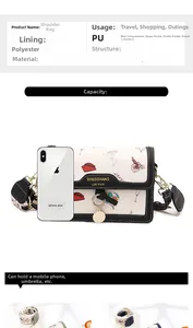 Detailed view of white crossbody bag with cartoon prints and size comparison to phone